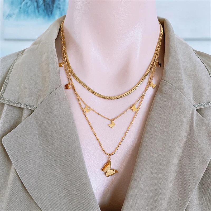 Colier auriu, din otel inoxidabil, in 3 straturi, cu fluturasi, suflat cu aur 18k, Ama C1 - Pursehuit.ro