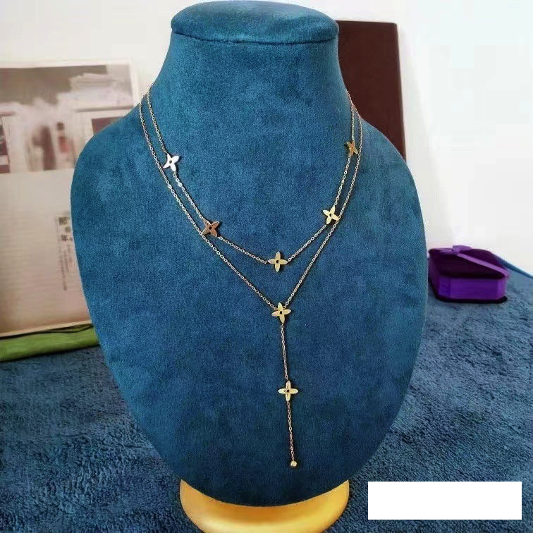 Colier auriu, din otel inoxidabil, suflat cu aur 18k, cu floricele, Herdi C3