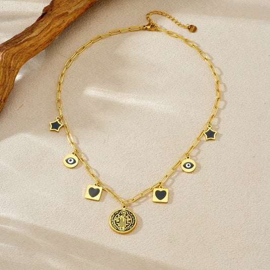 Colier auriu, din otel inoxidabil, suflat cu aur 18k, cu inimioare si stelute, Rieke C5