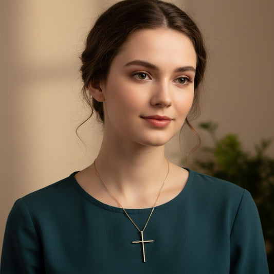 Colier auriu, din otel inoxidabil, suflat cu aur 18k, cu pandantiv cruce si pietre din zirconiu, Dario C7