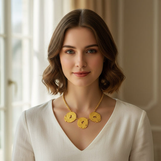 Colier auriu, din otel inoxidabil, suflat cu aur 18k, cu piese ovale, texturate, Roselina C5