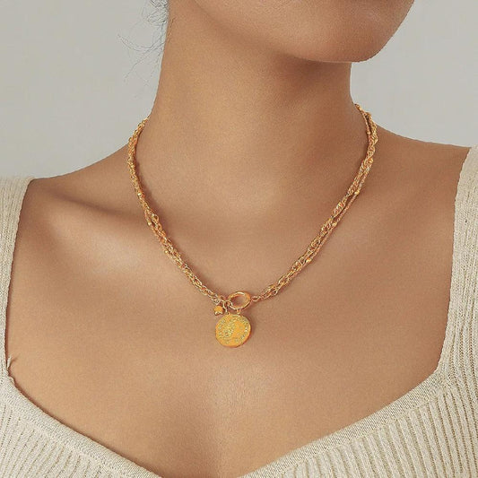 Colier auriu, din otel inoxidabil, suflat cu aur 18k, cu zale si banut, Einara C2 - Pursehuit.ro