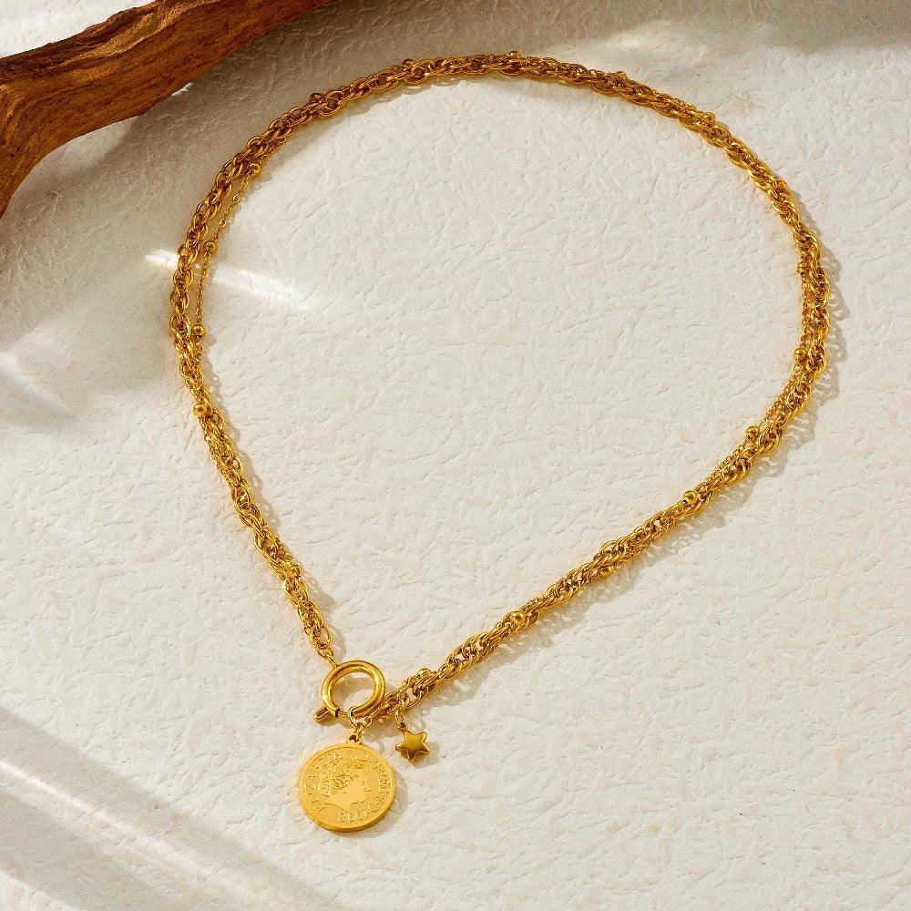 Colier auriu, din otel inoxidabil, suflat cu aur 18k, cu zale si banut, Einara C2 - Pursehuit.ro