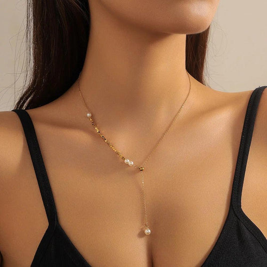 Colier auriu, din otel inoxidabil, suflat cu aur 18k, delicat, cu perlute, Eletta C2 - Pursehuit.ro