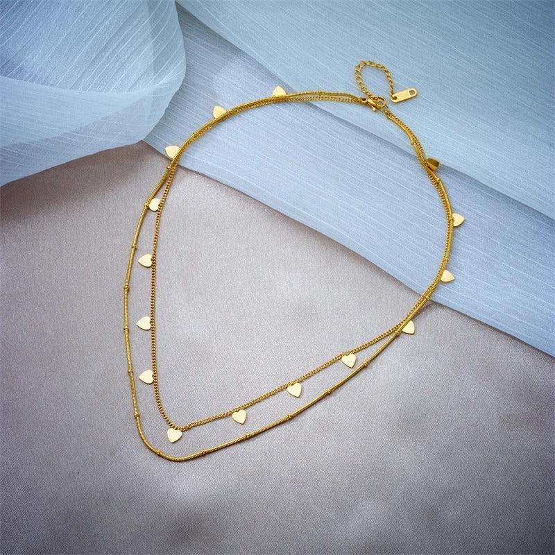 Colier auriu, din otel inoxidabil, suflat cu aur 18k, in 2 straturi, cu inimioare, Efraima C1 - Pursehuit.ro