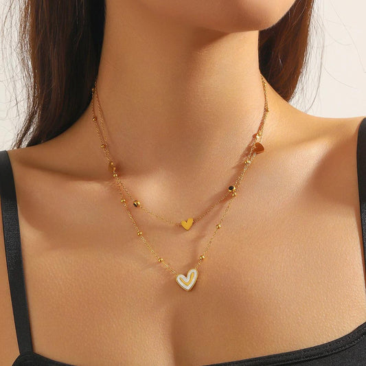 Colier auriu, din otel inoxidabil, suflat cu aur 18k, in 2 straturi, cu inimioare, Elayne C2 - Pursehuit.ro