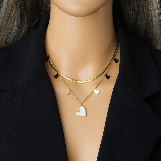 Colier auriu, din otel inoxidabil, suflat cu aur 18k, in 2 straturi, cu inimioare, Electra C2 - Pursehuit.ro