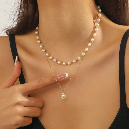 Colier auriu, din otel inoxidabil, suflat cu aur 18k, in 2 straturi, cu perle, Eberta C1 - Pursehuit.ro