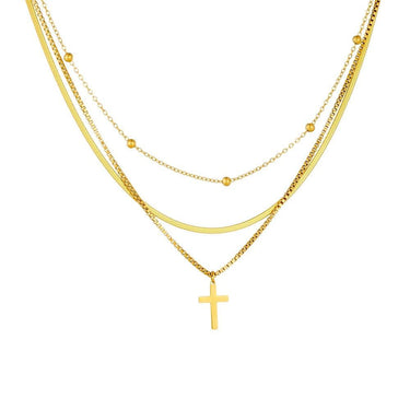 Colier auriu, din otel inoxidabil, suflat cu aur 18k, in 3 straturi, cu cruciulita, Elfa C2 - Pursehuit.ro