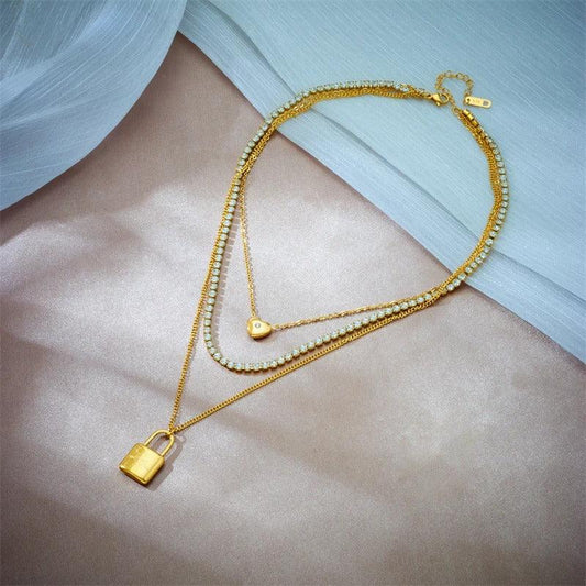 Colier auriu, din otel inoxidabil, suflat cu aur 18k, tennis, in 3 straturi, cu pietre si lacat, Dyveke C1 - Pursehuit.ro