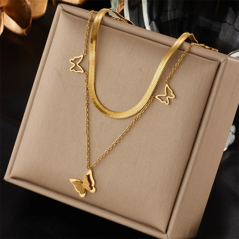 Colier auriu, in 2 straturi, din otel inoxidabil, suflat cu aur 18k, cu fluturasi, Stella C1