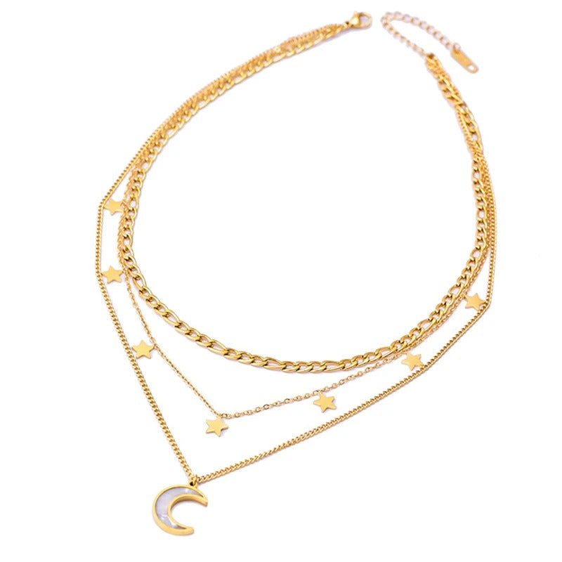 Colier auriu, otel inoxidabil, suflat cu aur 18k, in 3 straturi, cu stelute si semiluna, Delila C1