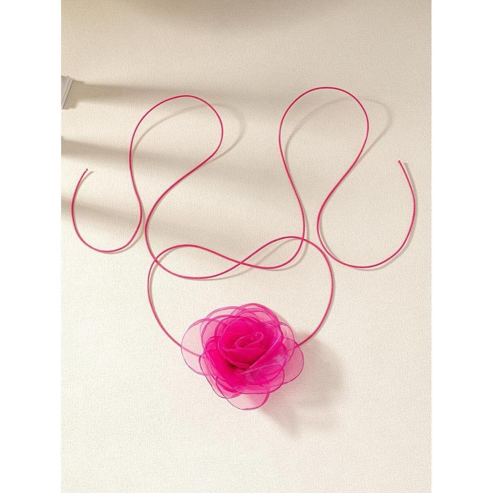 Colier choker, roz, cu floare, Benta C15 - Pursehuit.ro