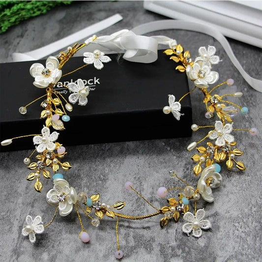 Coronita aurie, cu flori, pietre si perle, Malen C2 - Pursehuit.ro