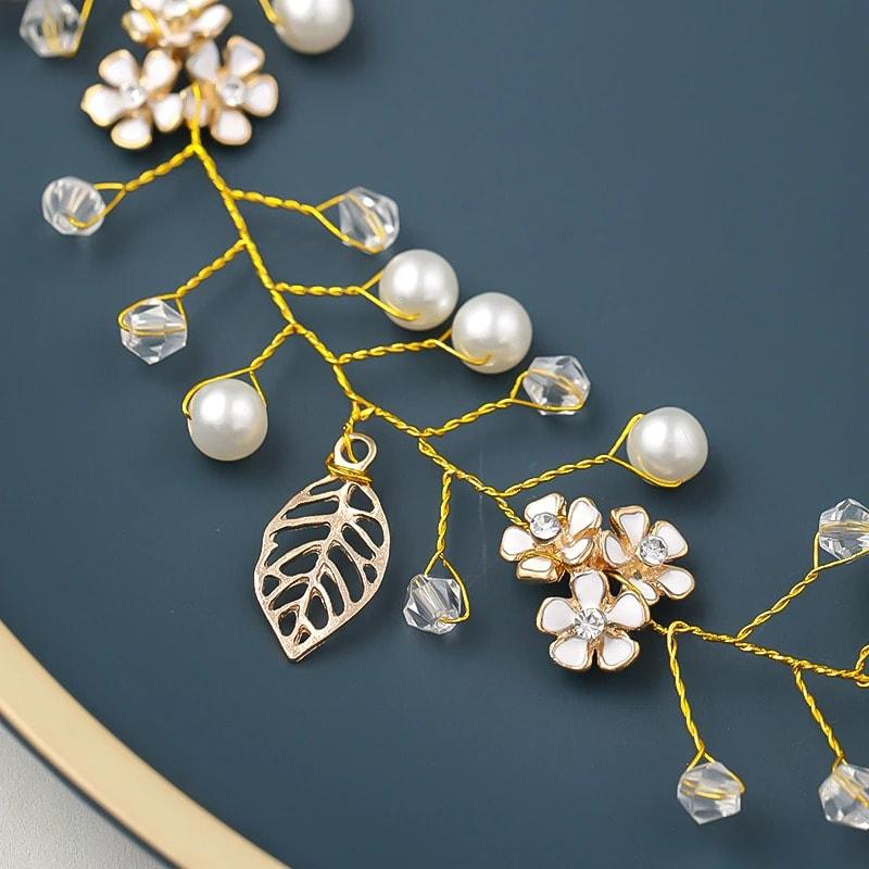 Coronita, aurie, modelatoare, cu frunzulite si perle, Tatiane C4 - Pursehuit.ro