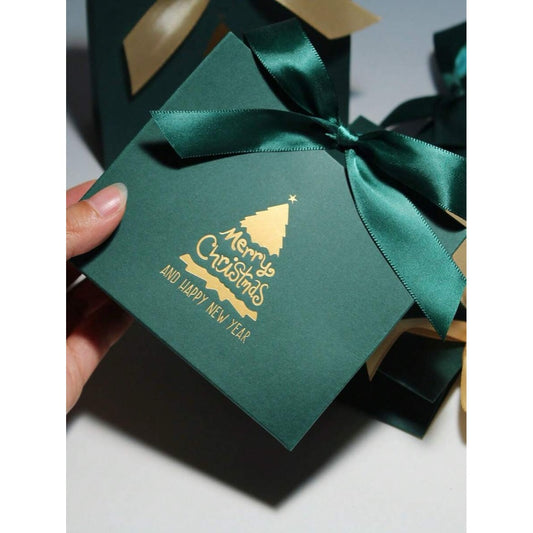 Cutiuta pentru cadou, verde, bradut auriu, cu autoformare, 10 cm x 11.5 cm x 4.5 cm