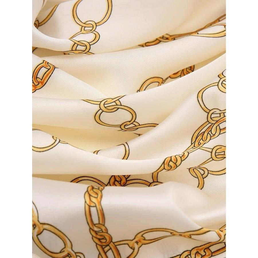 Esarfa bej, patrata, cu imprimeu lanturi aurii, Sekina C1 - Pursehuit.ro