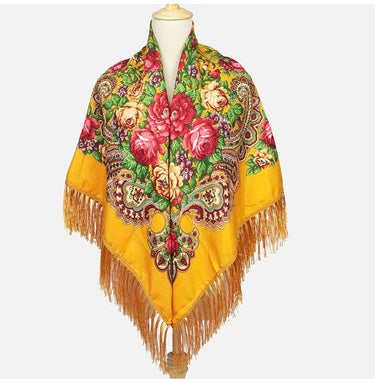 Esarfa patrata, galbena, cu franjuri si imprimeu floral, Anka C2 - Pursehuit.ro