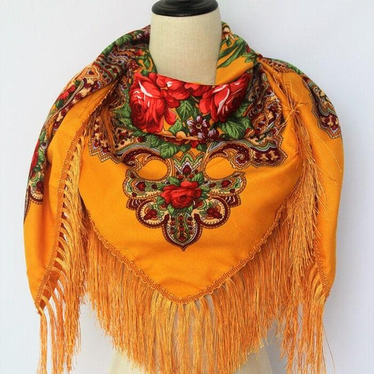 Esarfa patrata, galbena, cu franjuri si imprimeu floral, Anka C2 - Pursehuit.ro