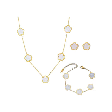 Set colier, bratara si cercei, auriu, din otel inoxidabil, cu floricele albe, Aarni C16 - Pursehuit.ro