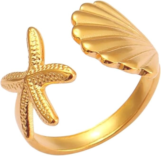 Inel auriu, reglabil, din otel inoxidabil, suflat cu aur 18k, cu motive marine, Ofelia C8