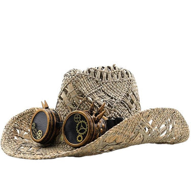 Palarie dama, bej, de vara, stil cowboy, cu ochelari decorativi, Adia - Pursehuit.ro