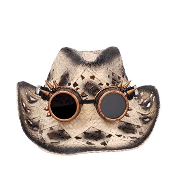 Palarie dama, bej, de vara, stil cowboy, cu ochelari decorativi, Inda - Pursehuit.ro
