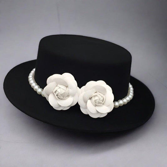 Palarie neagra, stil canotiera, handmade, cu flori si perle, Senna - Pursehuit.ro