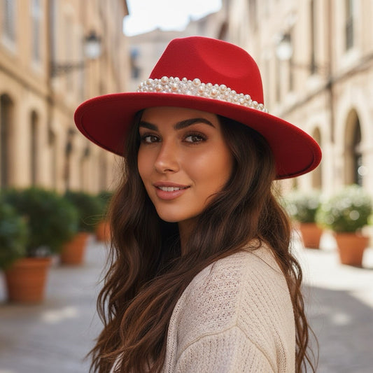 Palarie dama, rosie, cu perle, Gloriana