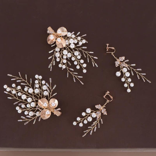 Set 2 Accesorii Par si Cercei, aurii, cu perle, Brigita C13 - Pursehuit.ro