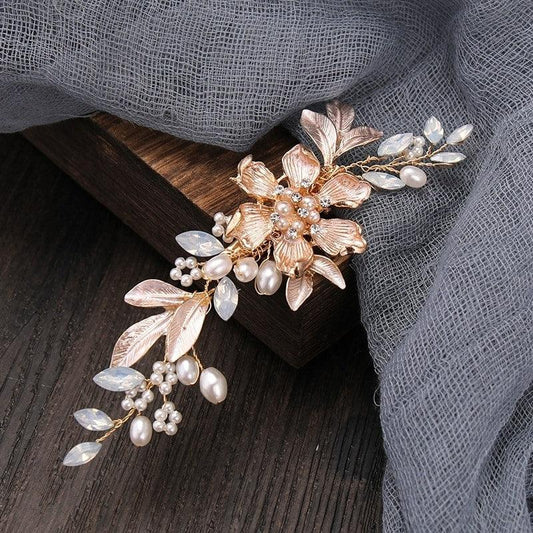 Set 2 accesorii par, rose gold, cu pietre si perle, Helma C7 - Pursehuit.ro