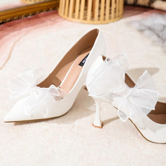 Set 2 brose, albe, pentru pantofi, cu clips, forma de fundita, Otylya C6 - Pursehuit.ro