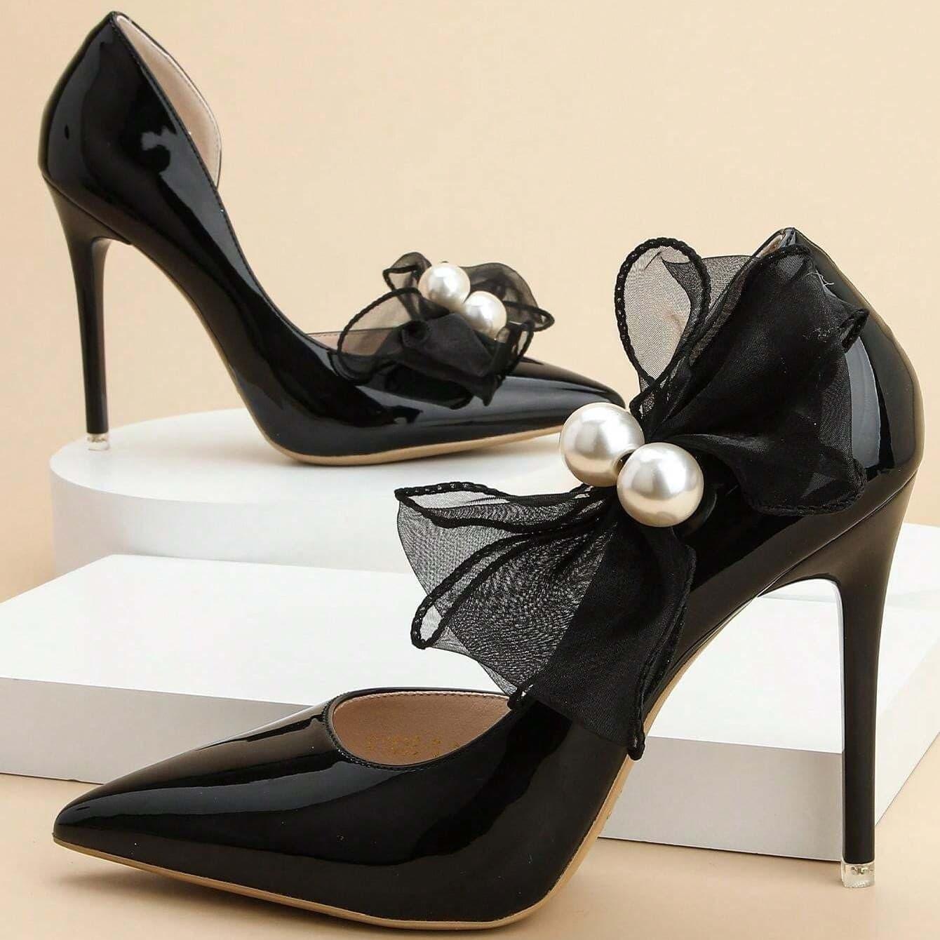 Set 2 brose, negre, pentru pantofi, cu clips si perle, Ottmar C6 - Pursehuit.ro