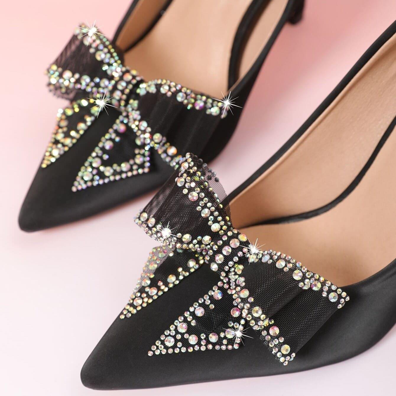 Set 2 brose, negre, pentru pantofi, cu clips si pietre, Ottine C6 - Pursehuit.ro