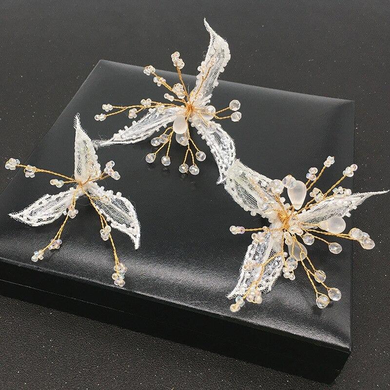 Set 3 accesorii de par, aurii, cu dantela si cristale, Maila C7 - Pursehuit.ro