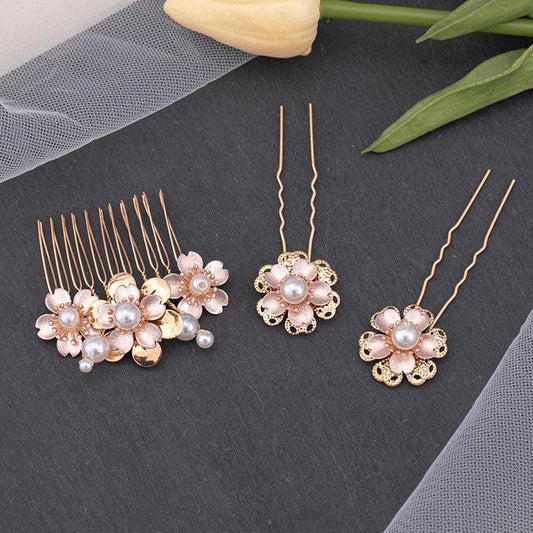 Set 3 accesorii de par, aurii, cu flori si perle, Gunita C5 - Pursehuit.ro