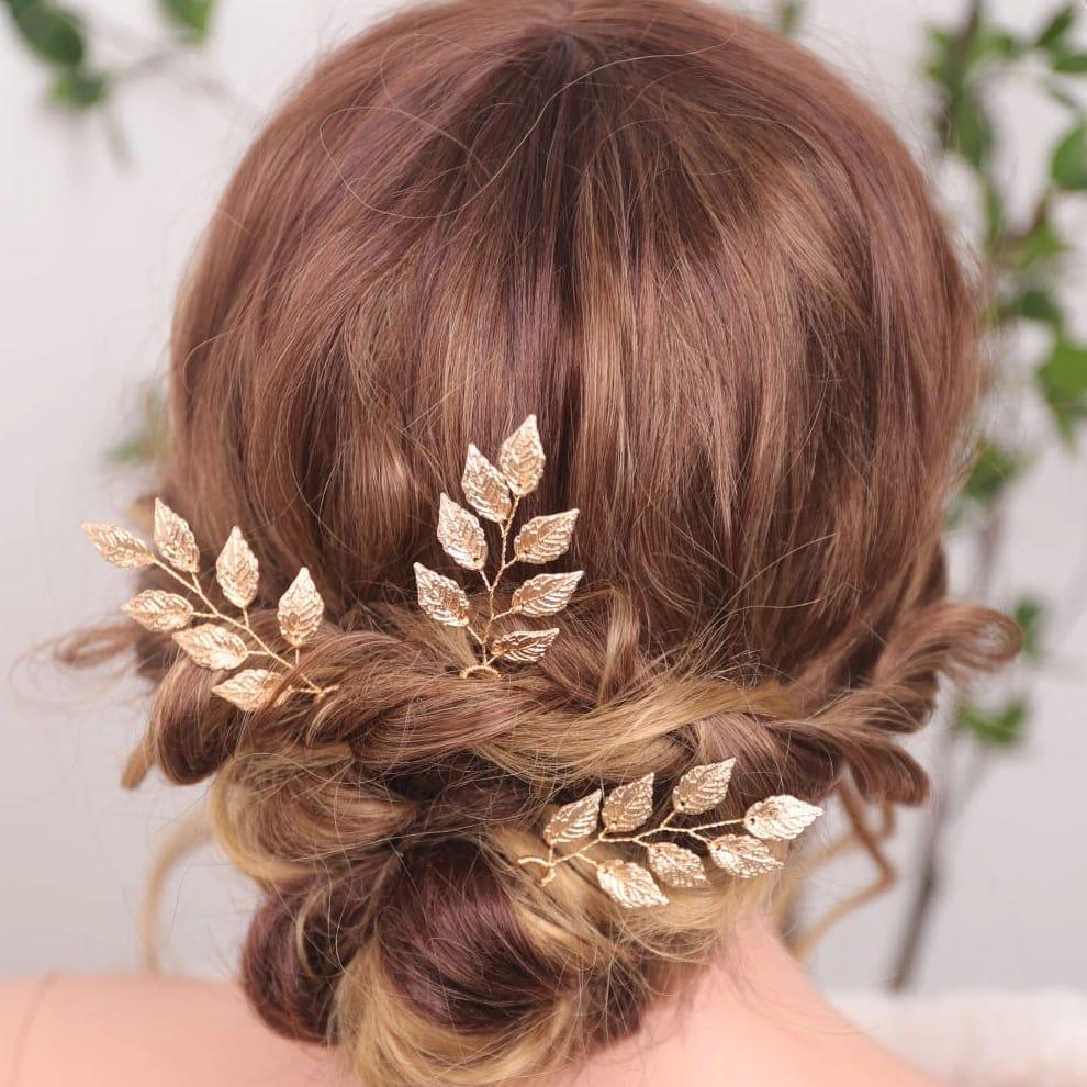 Set 3 accesorii de par, aurii, cu frunzulite, Thilda C12 - Pursehuit.ro