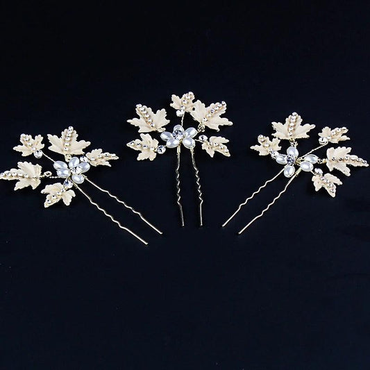 Set 3 accesorii par, aurii, tip ac, cu perle si frunzulite, Edina C5 OUT - Pursehuit.ro