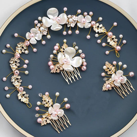 Set 4 accesorii de par, aurii, cu flori si perle, Mayne C9 - Pursehuit.ro