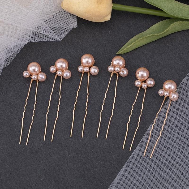 Set 6 accesorii de par, aurii, cu perle, Amalia C18 - Pursehuit.ro