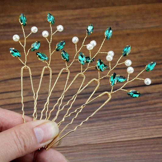 Set 6 accesorii de par, aurii, tip ac, cu pietre si perle, Karena C8 - Pursehuit.ro