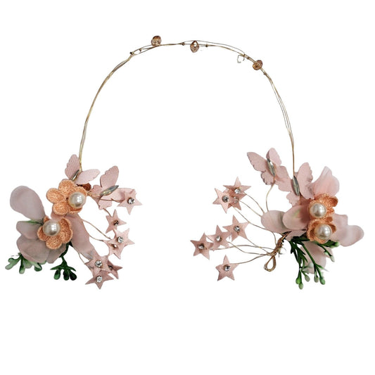 Set Coronita si Cercei, aurie, cu floricele roz si stelute, Ninja C7 - Pursehuit.ro