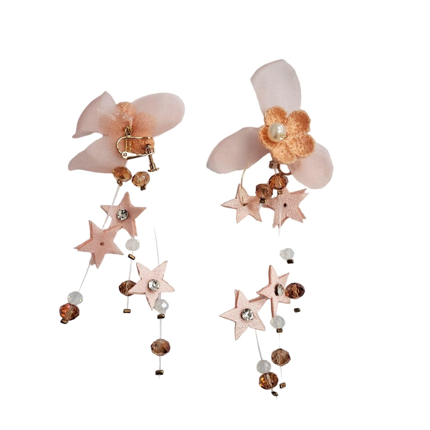 Set Coronita si Cercei, aurie, cu floricele roz si stelute, Ninja C7 - Pursehuit.ro