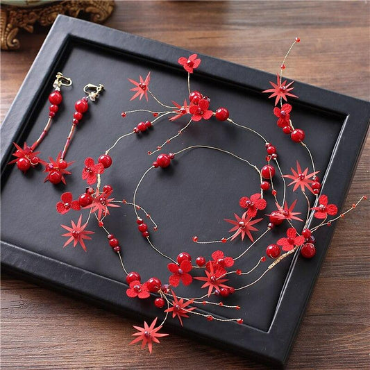 Set accesoriu par modelator si cercei, auriu, cu floricele si margelute rosii, Kyle C4 - Pursehuit.ro