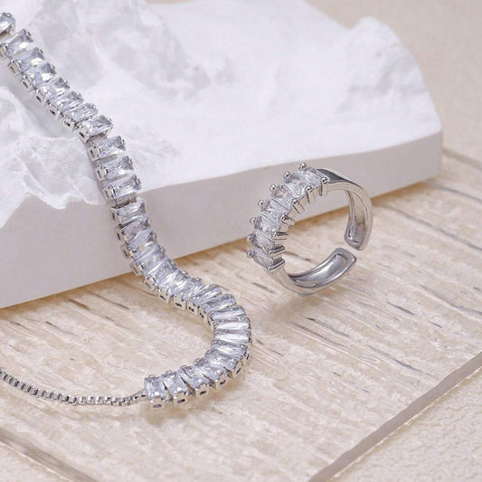 Set bratara tennis si inel reglabil, argintiu, cu pietre din zirconiu, Nichita C1 - Pursehuit.ro