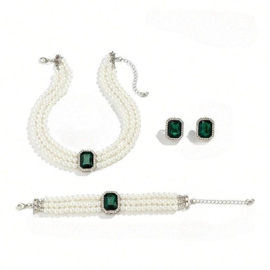 Set colier, bratara si cercei, argintiu, cu perle si pietre verzi, Olympia C4 - Pursehuit.ro