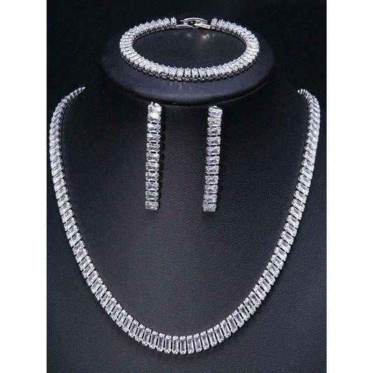 Set colier, cercei si bratara, tennis, argintiu, cu pietre din zirconiu, Nich C1 - Pursehuit.ro