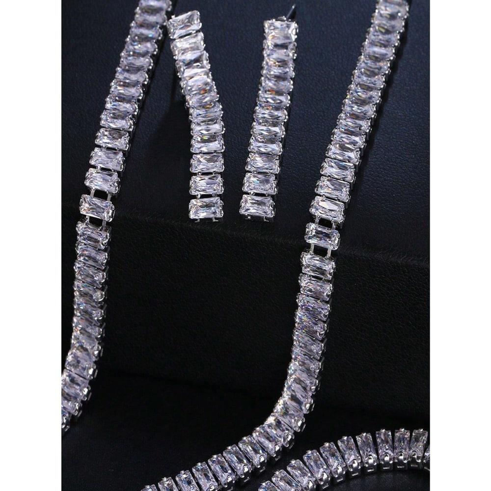 Set colier, cercei si bratara, tennis, argintiu, cu pietre din zirconiu, Nich C1 - Pursehuit.ro