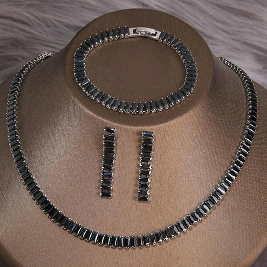 Set colier, cercei si bratara, tennis, argintiu, cu pietre negre din zirconiu, Nicco C8 - Pursehuit.ro