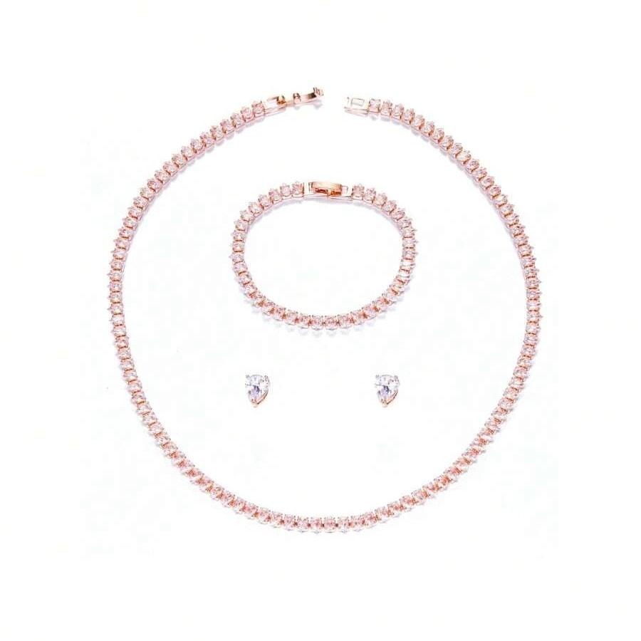 Set colier, cercei si bratara, tennis, rose-gold, cu pietre din zirconiu, Nicha C1 - Pursehuit.ro